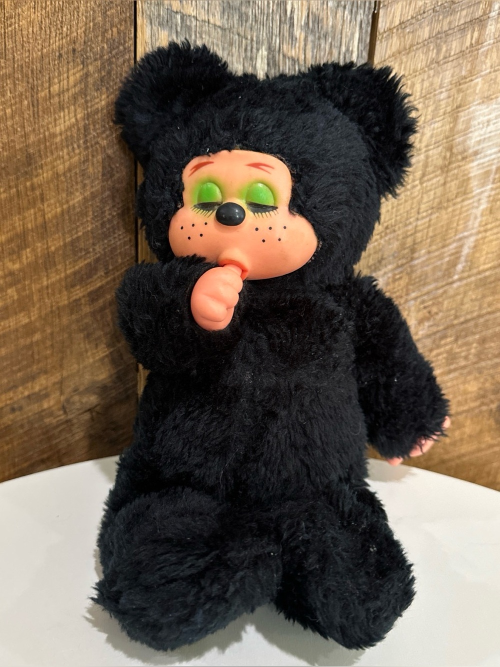 Vintage Rubber Face Plush MONCHHICHI Thumb Sucker Doll Monkey Toy Black Bear 10"